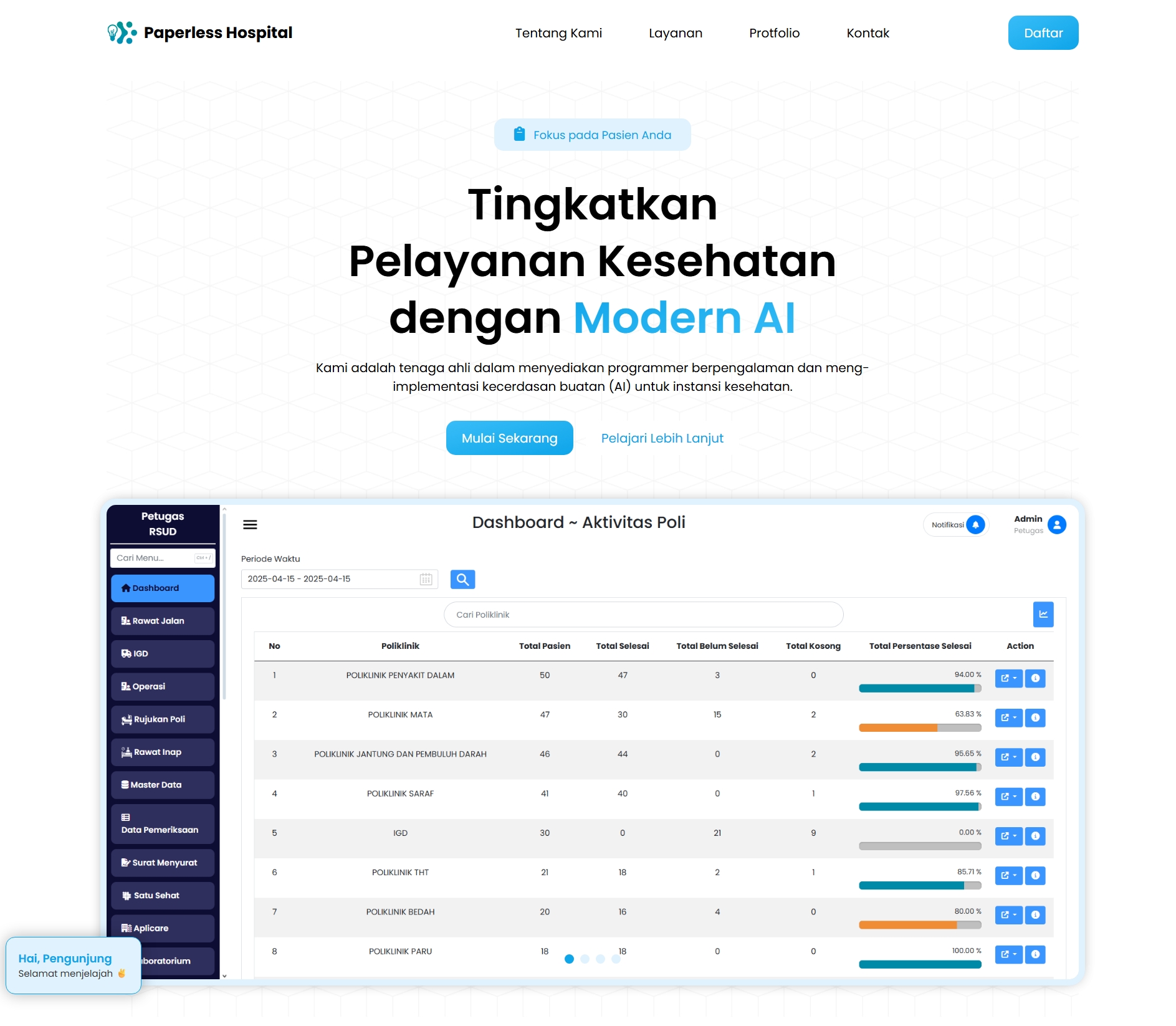 PaperlessHospital website redesign homepage showing modern UI and healthcare AI features
